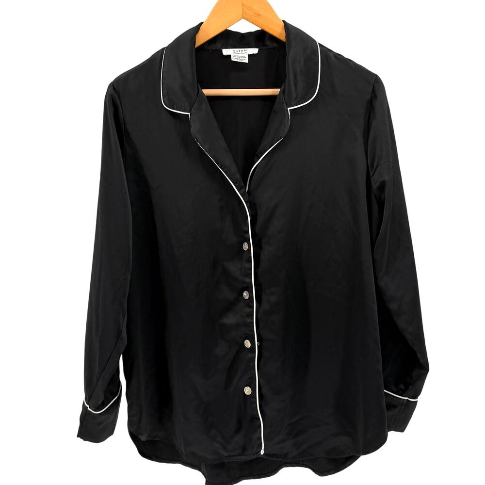 Natori Black Satin White Piping Button-Up Pajama Top